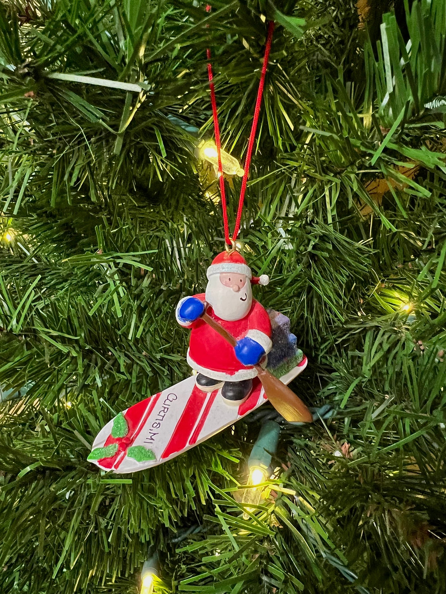 Paddle Boarding Santa Ornament